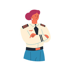 Female pilot in uniform, flat vector illustration isolated on white background.