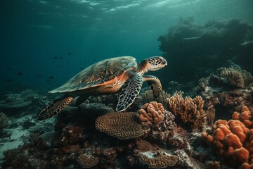 Fototapeta na wymiar A sea turtle glides amidst vibrant coral reefs. Generative AI