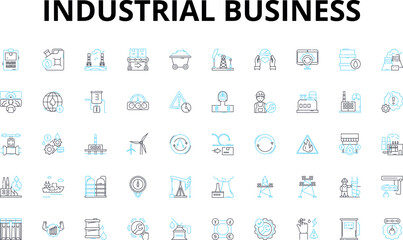 Industrial business linear icons set. Manufacturing, Production, Industrialization, Automation, Assembly, Machining, Fabrication vector symbols and line concept signs. Engineering,Factories,Processing