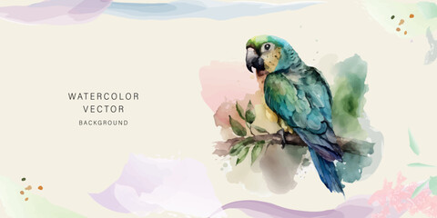 Abstract watercolor vector background. Beautiful  parrot for your design.. 
 Luxury cover design with text, floral theme and brush style.
  floral art for  websites and prints, Invitation postcard.

