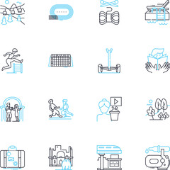 Adventure trip linear icons set. Hiking, Camping, Kayaking, Climbing, Rafting, Trekking, Biking line vector and concept signs. Wildlife,Scuba,Ziplining outline illustrations