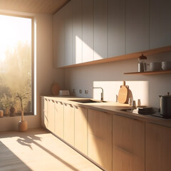 Minimalistic design modern kitchen. Architecture. 3D render. Esthetics. Sunlight shining through window on to backwall. AI generated.