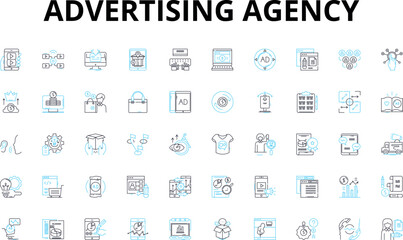 Advertising agency linear icons set. Creativity, Campaigns, Branding, Strategy, Analytics, Marketing, Advertising vector symbols and line concept signs. Messaging,Promotion,Design illustration