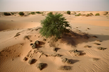A green plant in the desert. Climate change with desertification process. Generated AI - obrazy, fototapety, plakaty