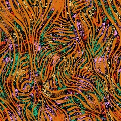 ORANGE SEAMLESS ABSTRACT BACKGROUND WITH MULTICOLORED NEON ZEBRA