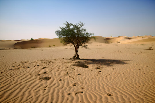 Lonely green tree in the deserted place. Climate change with desertification process. Generated AI
