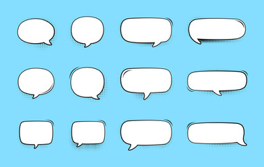 Obraz premium Retro empty speech bubble with black halftone shadows set. Vector illustration comic manga text frame, vintage design, pop art style