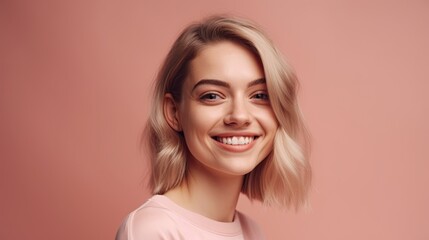 Fototapeta premium Happy woman portrait pink background , Generative Ai