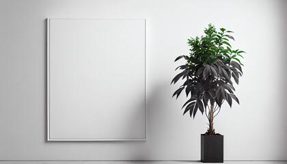 Mockup illustration featuring a white wall and a plant, with vacant space for a poster or painting