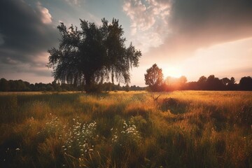 Peaceful countryside view with meadow, tree, and colorful clouds after sunrise. Generative AI