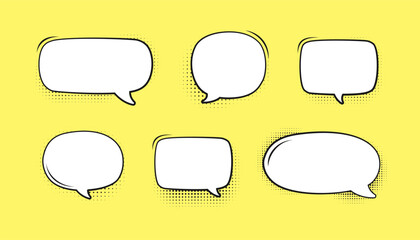 Fototapeta premium Retro empty speech bubble with black halftone shadows set. Vector illustration comic manga text frame, vintage design, pop art style