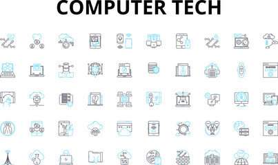 Computer tech linear icons set. Hardware, Software, Processor, Memory, Graphics, LAN, WAN vector symbols and line concept signs. Internet,Firewall,Encryption illustration