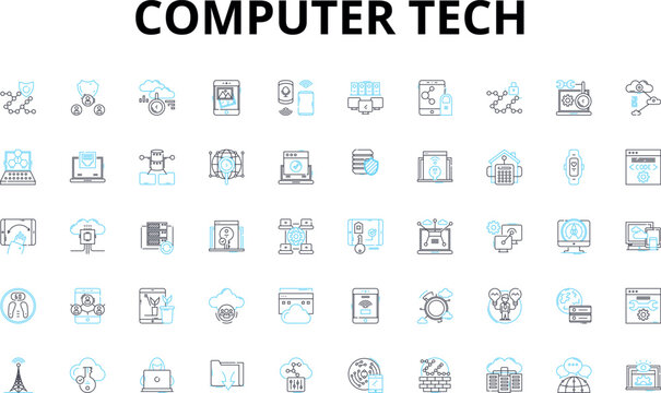 Computer tech linear icons set. Hardware, Software, Processor, Memory, Graphics, LAN, WAN vector symbols and line concept signs. Internet,Firewall,Encryption illustration