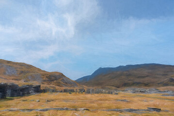 Digital painting of Cwmorthin Terrace and Rhosydd Slate Quarry, Blaenau Ffestiniog