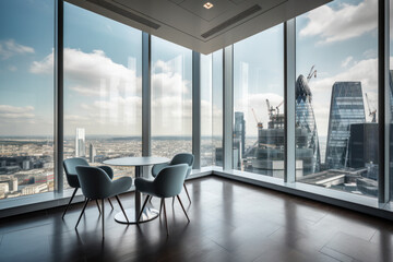 Interior of a modern office with panoramic windows and city view. Generative AI