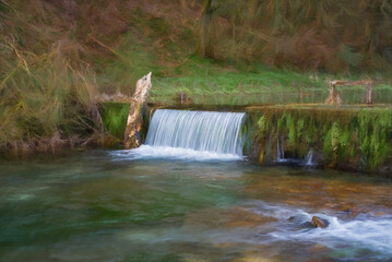 Digital painting of waterfall cascades on the River Lathkill, Lathkill Dale, Peak District, Derbyshire.