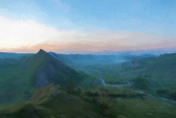 Digital painting of sunrise on Parkhouse Hill and Chrome Hill in the Peak District National Park.