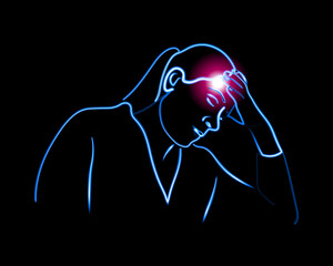 Vector isolated illustration of woman headache. Neon contour drawing of a girl holding her head.