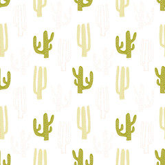 Seamless pattern with doodle cacti on a white background. Tropical exotic plant with thorns. Mexico symbol. Use for clothing design, packaging, covers.