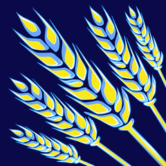 Illustration of ears of wheat in yellow and blue colors. Export of wheat. Ukrainian grain. Holodomor in Ukraine. Hunger from lack of grain.