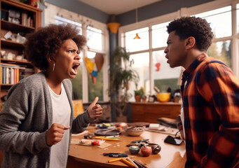 Fototapeta na wymiar Angry strict mother yells at difficult teenager. Generational issues in African family Ai generated.