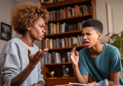 Angry strict mother yells at difficult teenager. Generational issues in African family Ai generated.