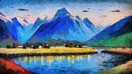 Landscape with mountains and river. Oil painting on canvas. Hand-drawn illustration.