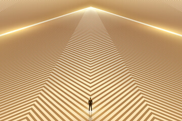 A businessman stands on the passageway of a building with golden lines