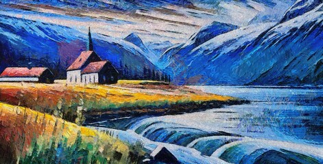 Landscape with mountains, lake and village. Oil painting on canvas.