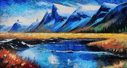 Landscape with mountains, lake and village. Oil painting on canvas.