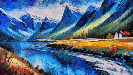 Landscape with mountains, lake and village. Oil painting on canvas.