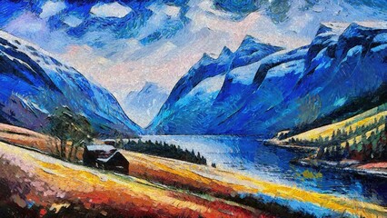 Oil painting on canvas of a village on the shore of a mountain lake