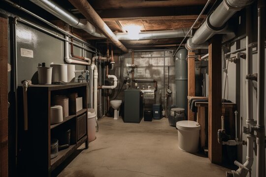 Unfinished Basement With Tankless Water Heater, Storage & Mechanical Systems. Generative AI