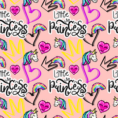 Seamless pattern with hand painted phrase little princess, crown and pixel art.