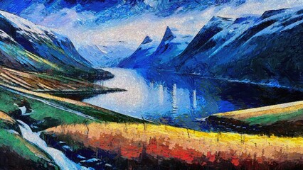 Digital painting of a mountain village on the bank of a mountain lake