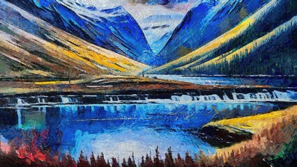 Original oil painting on canvas of a small village on Lofoten islands, Norway