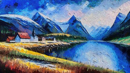 Original oil painting on canvas of a small village on Lofoten islands, Norway