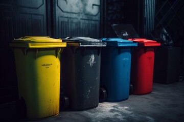 Bins for recycling in green, blue, red and yellow. Generative AI
