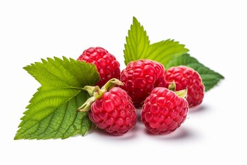 Ripe raspberries with foliage on white with clipping path. Generative AI