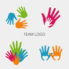Team work concept. colorful hands connection. Vector illustration in hand drawn flat style.