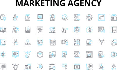 Marketing agency linear icons set. Strategy, Branding, Advertising, Analytics, Creativity, Campaigns, Insights vector symbols and line concept signs. Retargeting,Email,Social illustration