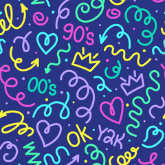 Trendy bright squiggles seamless pattern. Fun colorful line doodle with shapes crown, heart, numbers of 90s, 00s, y2k with curly confetti. Simple childish print. For textile, backdrop, packaging