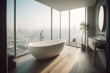 Fototapeta na wymiar Bright bathroom with bathtub, empty wall, stool, towels, oak floor, panoramic window, skyscraper view. Generative AI