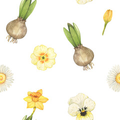 Seamless pattern with daffodils and pansies. Watercolor illustration.