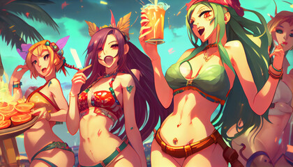 Obraz na płótnie Canvas anime girls in bikini dancing at the party Generative AI