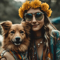 Happy dog with young woman friend hippie style 8k best quality IA generativa
