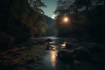 A forested river with a full moon overhead flowing through a valley. Generative AI