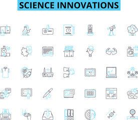 Science innovations linear icons set. Biotechnology, Nanotechnology, Robotics, Genetics, Quantum, Neuroscience, Biomechanics line vector and concept signs. Materials,Climate,Cybersecurity outline