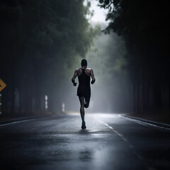 athlete runnerforest trail in the rain - obrazy, fototapety, plakaty
