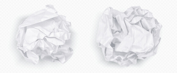 Crumple paper ball, white 3d crinkle trash vector isolated on transparent background. Waste scrunch garbage icon set. Realistic wrinkled page. Messy throw rumple grunge sheet. Mistake in document